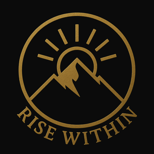 Gold 'Rise Within' logo with mountain silhouette on a black background